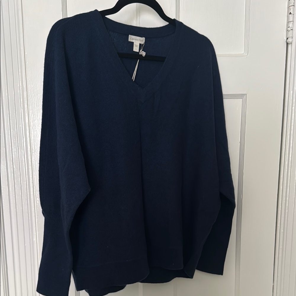 Garnet Hill Blue V-Neck Sweater Classic Knit